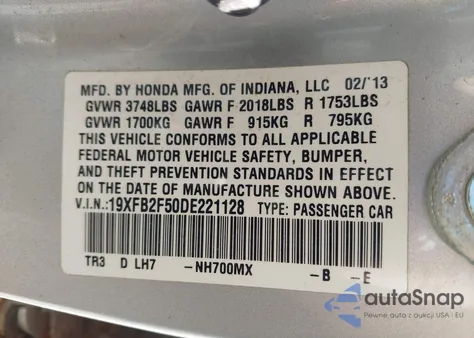 2013 Honda Civic Lx из США, поврежденный, VIN 19XFB2F50DE221128